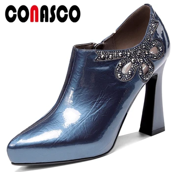 

CONASCO Genuine Leather Woman Pumps Elegant Mature Wedding Party Pumps Rhinestone Fretwork Side Zipper Thick Heels Shoes Woman
