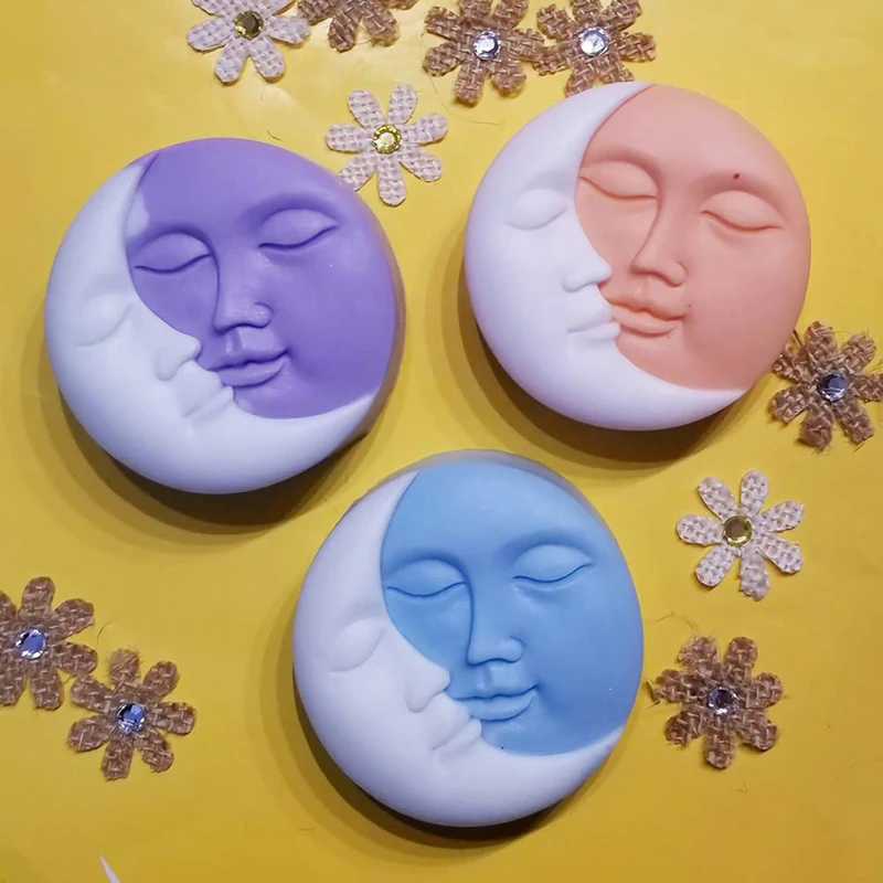 1Pcs Pink Soap Mold Round Shape Sun Moon Faces Silicone Mold DIY Fondant Chocolate Cake Decorating Tools Kithen Baking Tool
