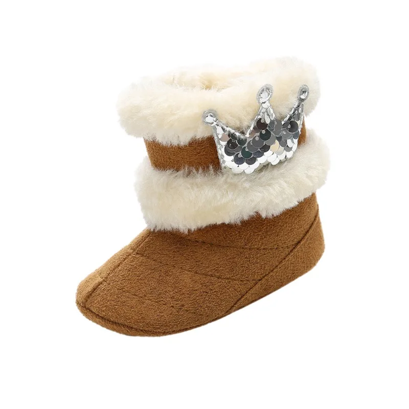 0-18M Newborn Infant Baby Girls Botties Winter Warm Crown Fur Mid-Calf Length Slip-On Furry Boots Crib Shoes - Цвет: CS