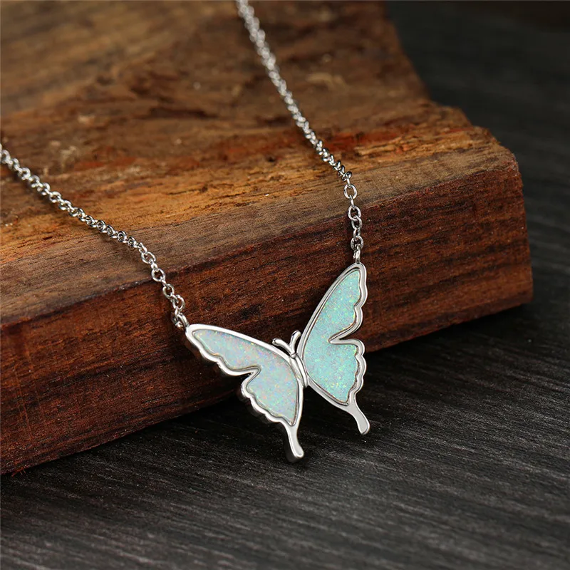 

Cute Female White Opal Pendant Necklace Classic Silver Color Chain Necklaces For Women Luxury Bride Butterfly Wedding Necklace
