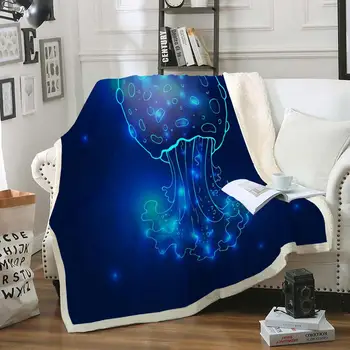 

Jellyfish Sherpa Fleece Blanket Blue Marine life Throw Blanket Transparent Glowing Neon Thin Bedspread on Sofa