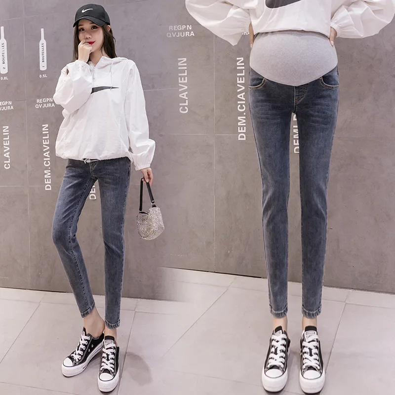 

6682# 2021 Spring Stretch Denim Maternity Skinny Jeans Cotton Belly Pencil Pants Clothes for Pregnant Women Pregnancy Trousers