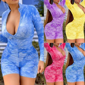 

New Skinny Jumpsuit 2020 Tie Dye Romper Women High Waist Tight Hip Lift Sport Playsuits Long Sleeve Casual Jumpsuit