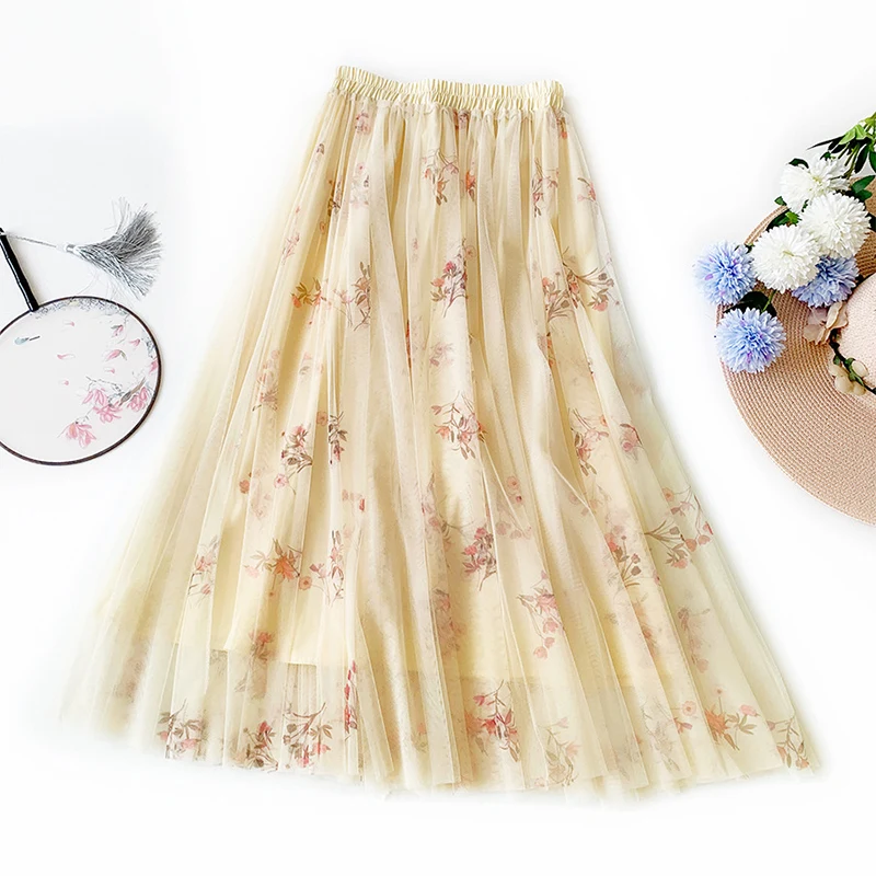 Женская длинная юбка из тюля с цветочным принтом SURMIITRO, белая розово-синяя расцветка, элегантная плиссированная юбка макси с высокой талией в корейском стиле для женщин - Цвет: apricot