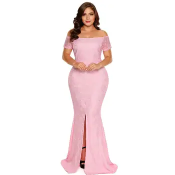 

Pink Plus Size Lace Mother Of The Bridal Dress Front Side Split Formal Lady Gown Mermaid Long Evening Dresses Short Sleeves