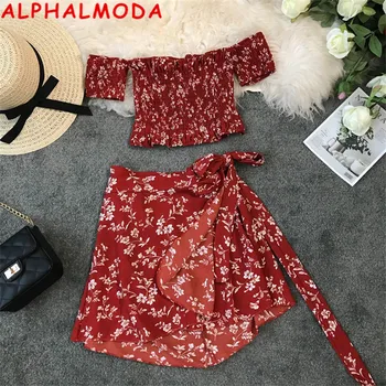 

ALPHALMODA 2020 Holiday Suit Printed Floral off-Shoulder Crop Top High Waist Sashes Mini Skirt Women Trendy Beach Resort Clothes