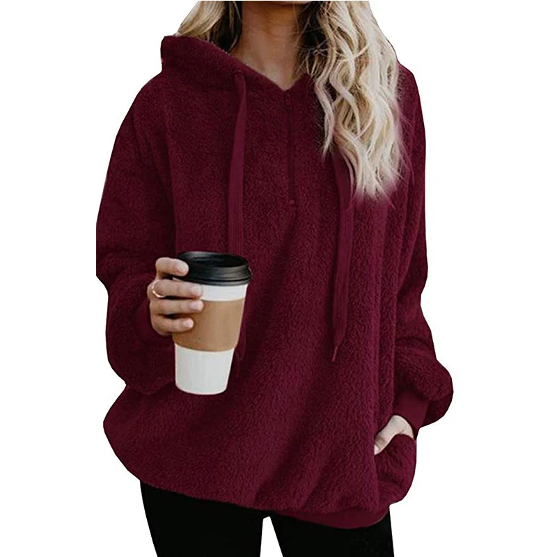 Wisalo Женские флисовые толстовки с длинным рукавом и капюшоном, пуловер, толстовка на осень и зиму, теплая меховая куртка на молнии с карманами размера плюс 5XL - Цвет: Red Wine