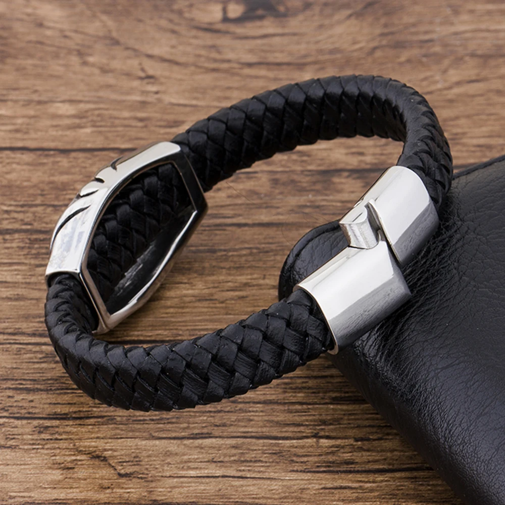 Fashion Charm Stainless Steel Magnetic Black Genuine Leather Braided Men Bracelet Jewelry Skull Rope Punk Wholesale Accessories