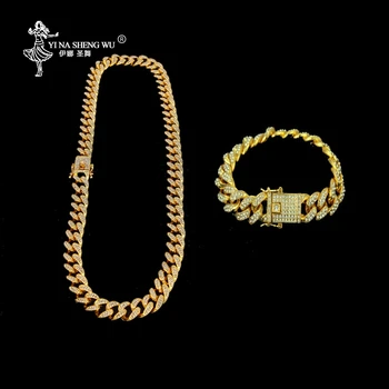 

Heavy Miami Cuban Link Chain Bracelet Necklace Set Gold Silver Plated Choker Women Men's Hip Hop Full Rhinestones Punk Necklaces