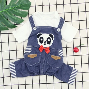 

Cute Panda Dog Clothes Fashion Lovely Stripes Strap Round Collar Rompers Cotton Jeans Imitation Clothes For Chihuahua Teddy Pet