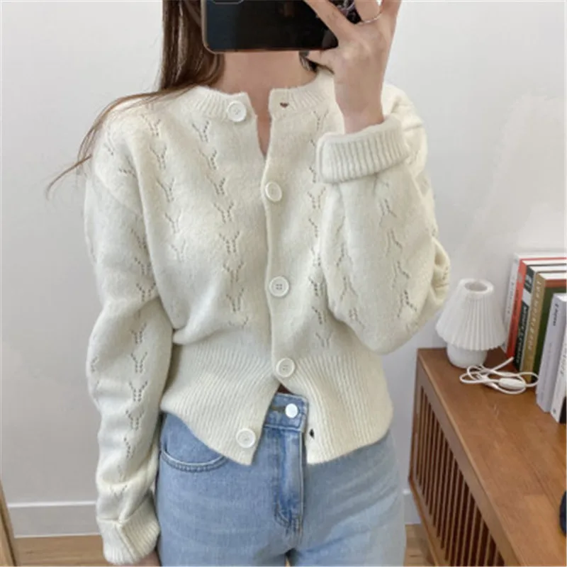 

Korean Sweet Chic Design Sweater Cardigans for Ladies Elegant Fashion Simple Solid Hollow Out Sweater Cardigans 2020 New Women