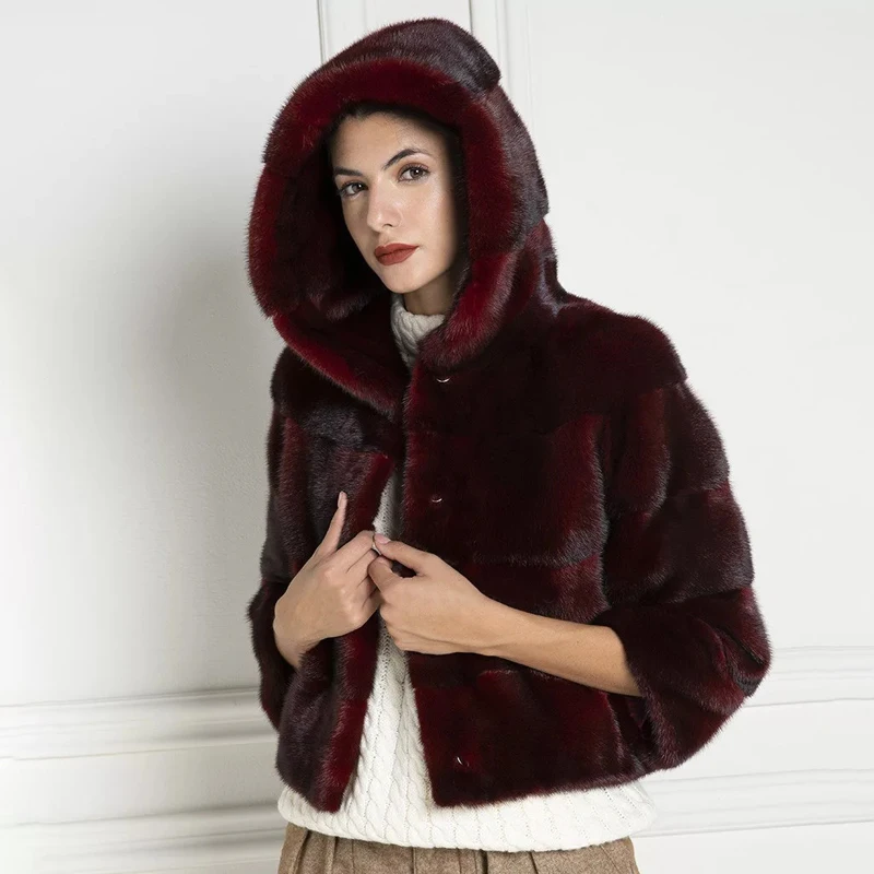 Новинка, Женское пальто из натурального меха, винно-красное пальто с капюшоном, короткая шуба из натуральной норки с капюшоном, рукав три четверти