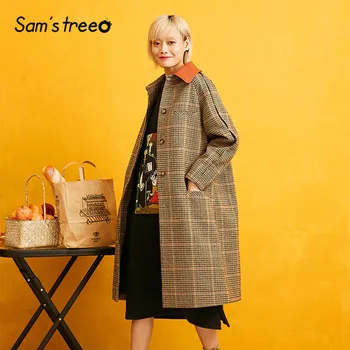 

SAM'S TREE Plaid Colorblock Leather Patchwork Wool Coat Women 2019 Winter Single Button Split Back Loose Casual Lady Coats