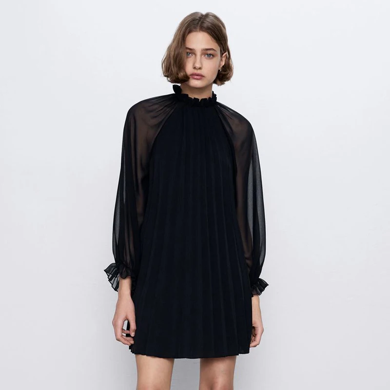 

AGong Club O Neck Dresses Women Fashion Fold Solid Dress Women Elegant Perspective Long Sleeve Mini Dresses Female Ladies AC