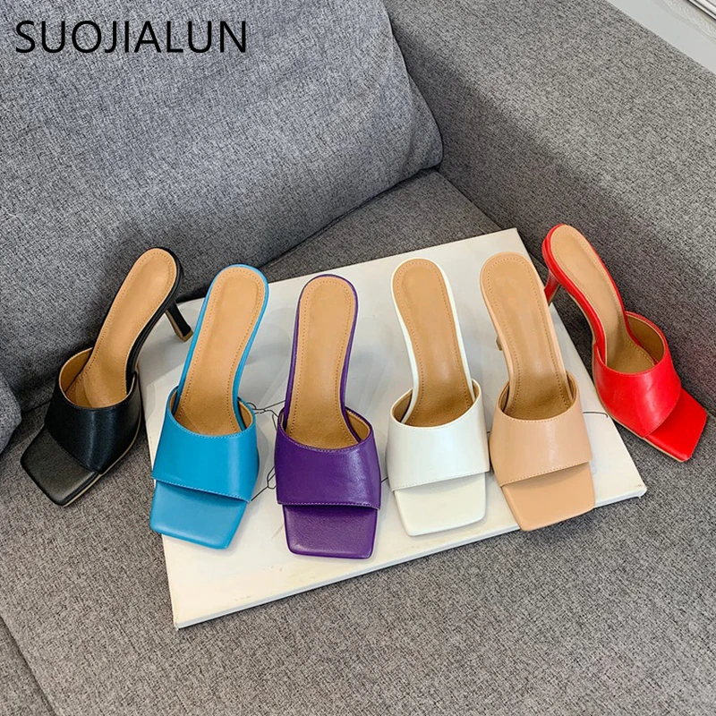 

SUOJIALUN 2020 New Summer Women's Slippers High Quality Elegant Square Toe High Heels Sandal Ladies Outdoor Beach Slides Shoes