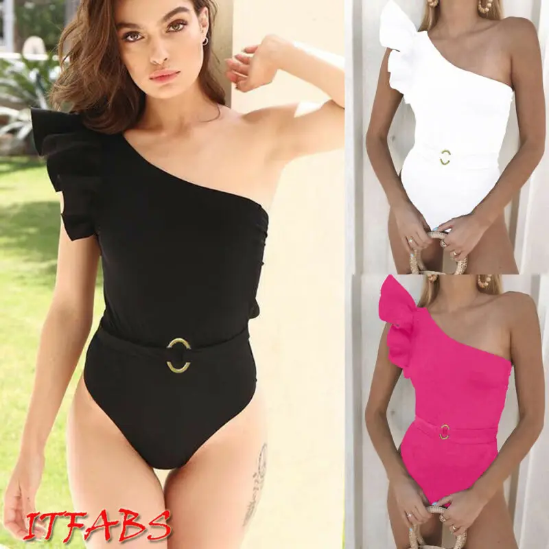

Women One-piece Swimsuit Swimwear Frilled Push Up Padded Bra Ruffles High Cut One Shoulder Costume Monokini Bikini Bathing Hot