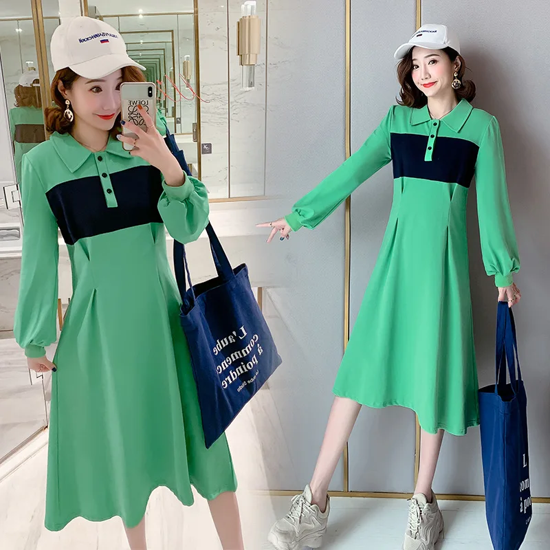 

Photo Shoot 2019 Autumn Clothing New Style Maternity Clothes Fold-down Collar Button Green Mixed Colors Fashion Dress Simple Lar