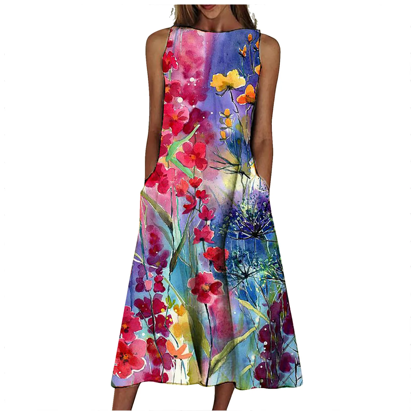 Fashion Womens Floral Printing Round-Neck Short Sleeveless Comfy Casual female Long Dress Lap Chemise Kobieta Sukienka Vestidos 2