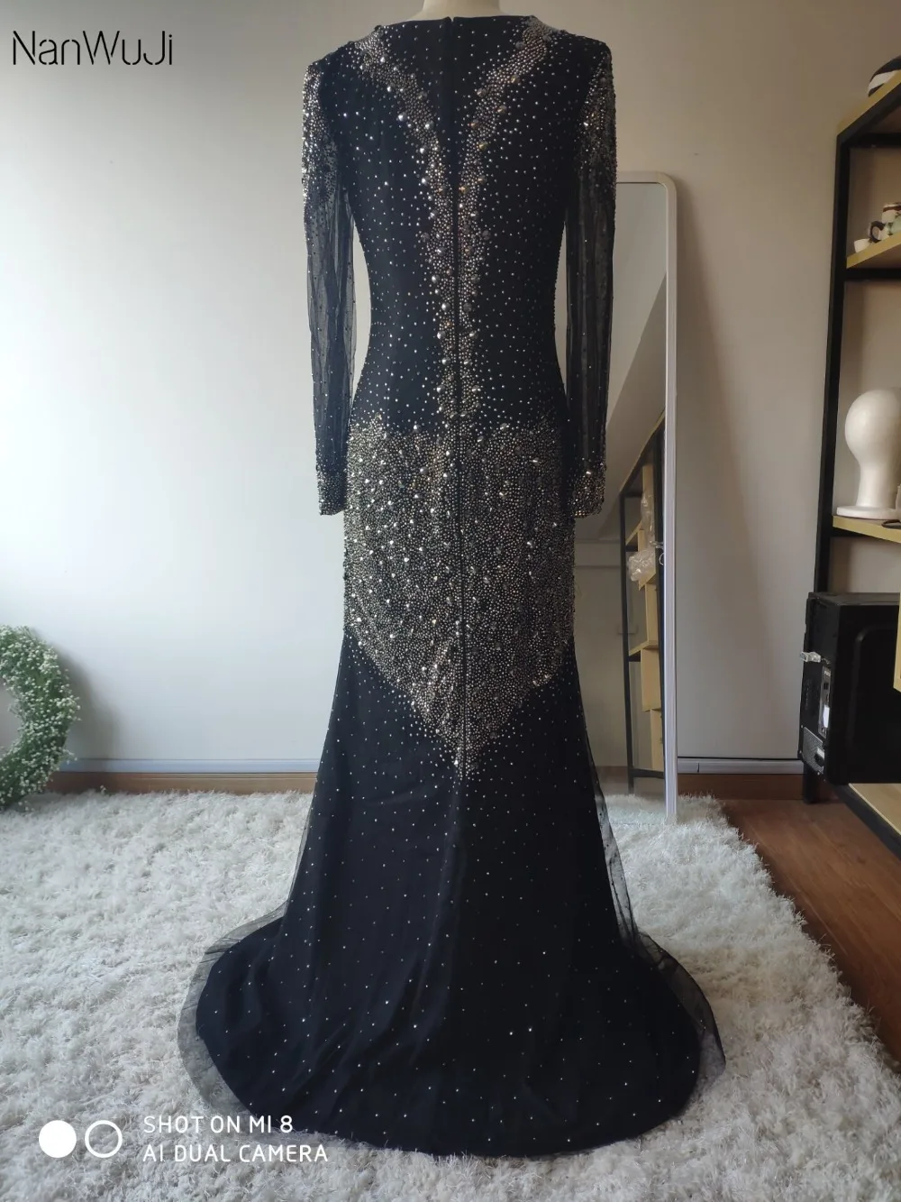 Vestido De Festa Высокая шея Черный Русалка вечернее платье с длинным рукавом SL спинки Beadings и кристаллами Длинное платье для выпускного вечера