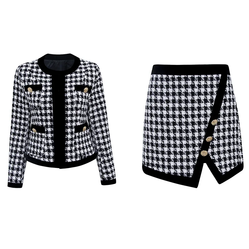 Twin Sets HarleyFashion роскошный дизайн весна осень Fit Твин наборы куртка мини прямая юбка плед твид шикарные комплекты из двух предметов - Цвет: Twin Sets
