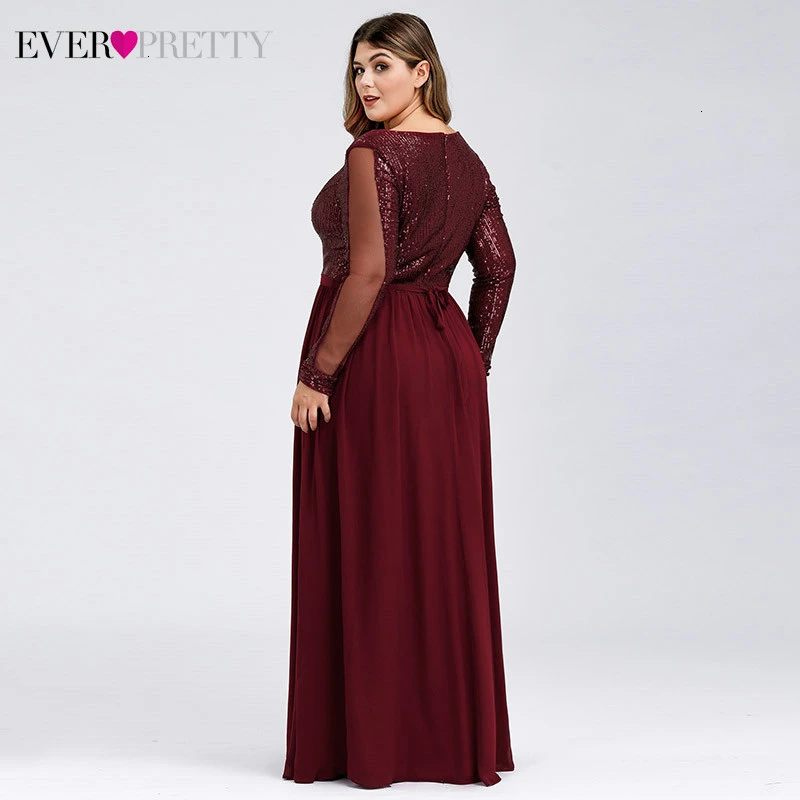 Плюс Размеры Выпускные платья Burgundy Ever Pretty сексуальное нижнее белье с глубоким v-образным вырезом, расшитые блестками, а-силуэт, длинный рукав, Прозрачное нижнее белье Сексуальная Вечерние платья праздничный Jurk