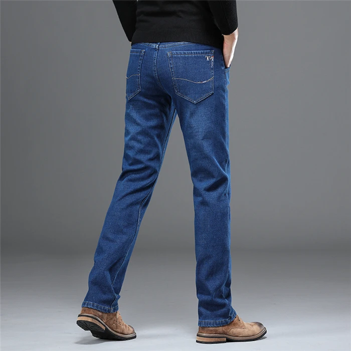 Классические мужские деловые теплые плотные джинсы Зимние новые модные повседневные Черные синие эластичные флисовые Брендовые джинсовые брюки мужские брюки