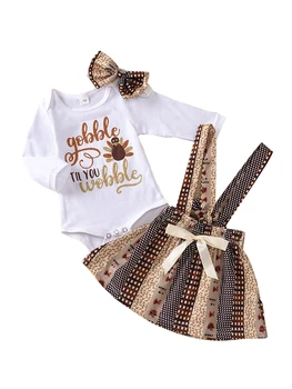 

Infant Baby Girl Outfits Clothes Letter Long Sleeve Jumpsuit Brown Strap Skirts Headband 3Pcs Thanksgiving Set