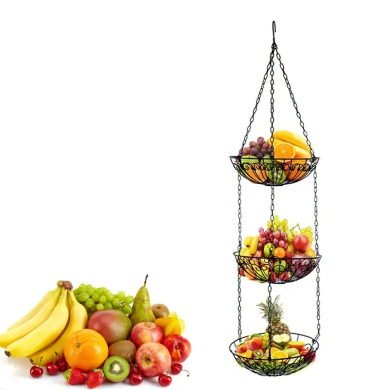 3-Tier 3-Tier Wire Hanging Fruit Basket with Black Chain Extender and Two Ceiling Hook- Perfect for Fruit, Vegetables, Snacks