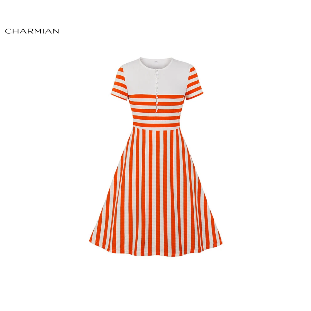 Charmian Women's Fashion Orange And White Striped Round Neck Short Sleeve High Waist Knit Midi Dress | Женская одежда