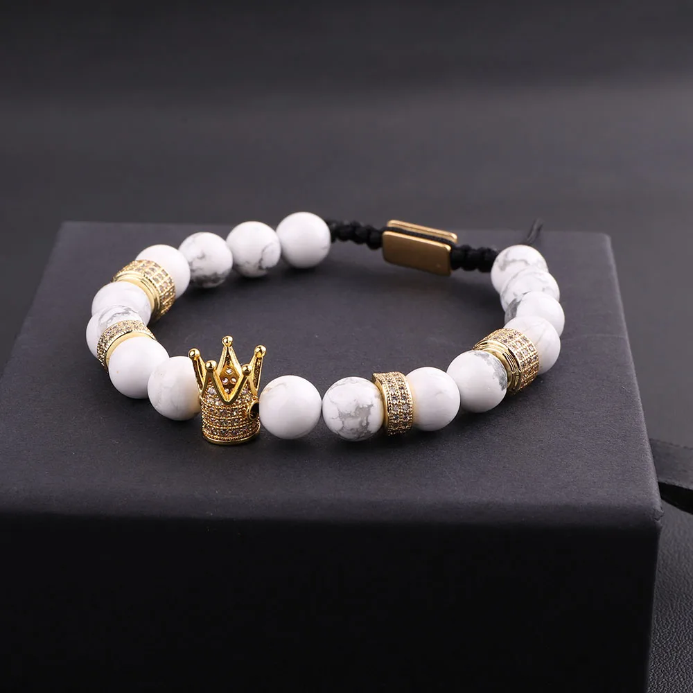 New Design Men Women Bracelet Natural Tiger Eye Howlite CZ Micro Pave Crown Friendship Macrame Adjustable Bacelet Men - Image 6
