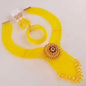 

Fashion Crystal Beaded Necklace Yellow African Beads Jewelry Set for Women