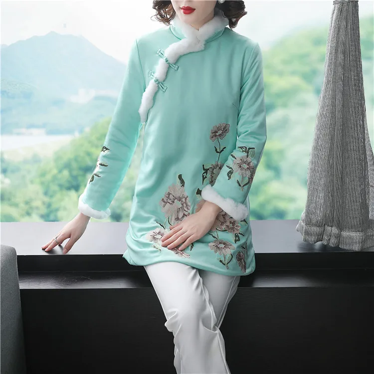 

Chinese-style Short Cheongsam Tops Women 2019 Winter New Style Machine Embroidery Vintage Chinese Style Rabbit Fur Stand Collar