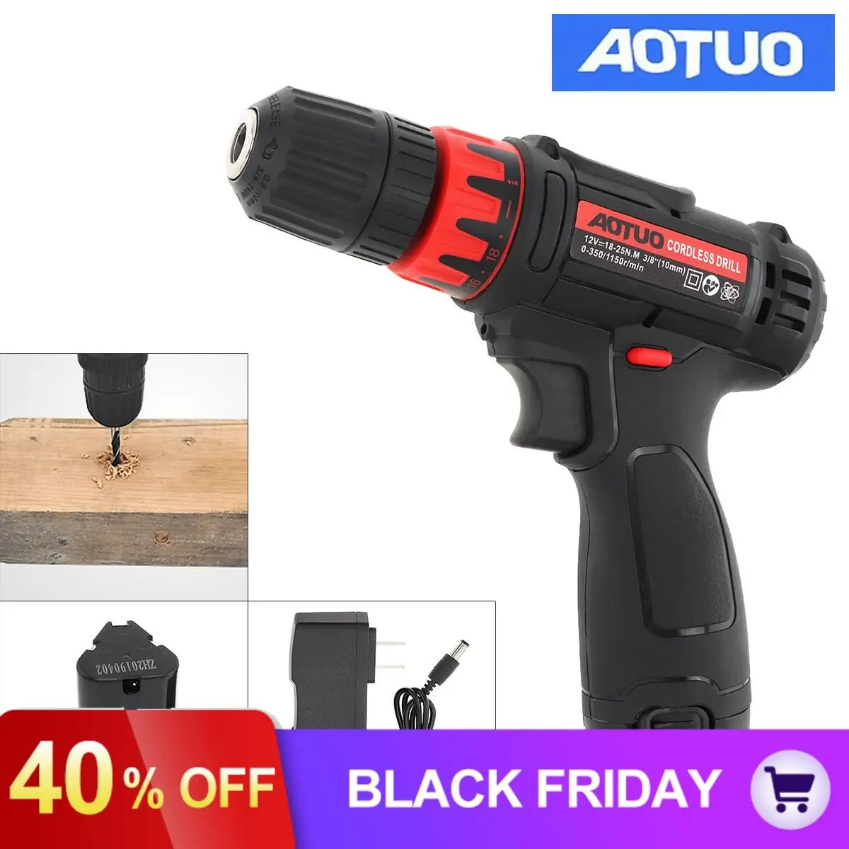 AOTUO AC 100-240V 12V литиевая батарея Электрическая Дрель аккумуляторная электрическая дрель шуруповерт с переключателем вращения и 18 крутящим моментом
