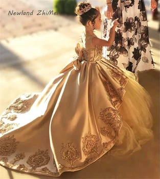 

Hot Gold Applique Bow First Communion Dress Kids Evening Ball Gown Girls Pageant Dress Tulle Flower Girl Dresses vestido niña