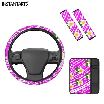 

INSTANTARTS Polynesian Plumeria 3D Patterns for Ladies Comfortable Non-slip Steering Wheel Covers Seat Belt Cover for Most Cars