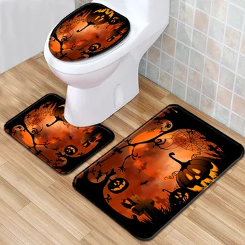 

WUJIE 3Pcs Set Bathroom Pedestal Rug + Lid Toilet Cover + Bath Mat Set Pumpkin Pattern Halloween Anti-Slip Kitchen Bath Carpet