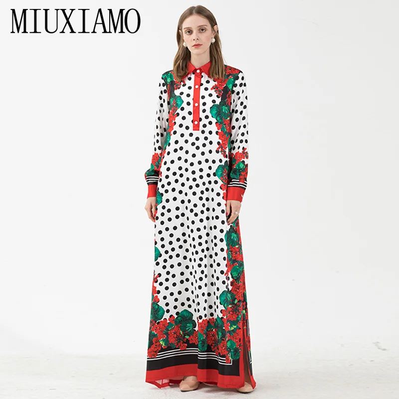 MIUXimao на заказ, большие размеры, Осеннее Макси платье с длинным рукавом, красное Цветочное платье в горошек, свободное Элегантное Длинное розовое платье в пол для женщин