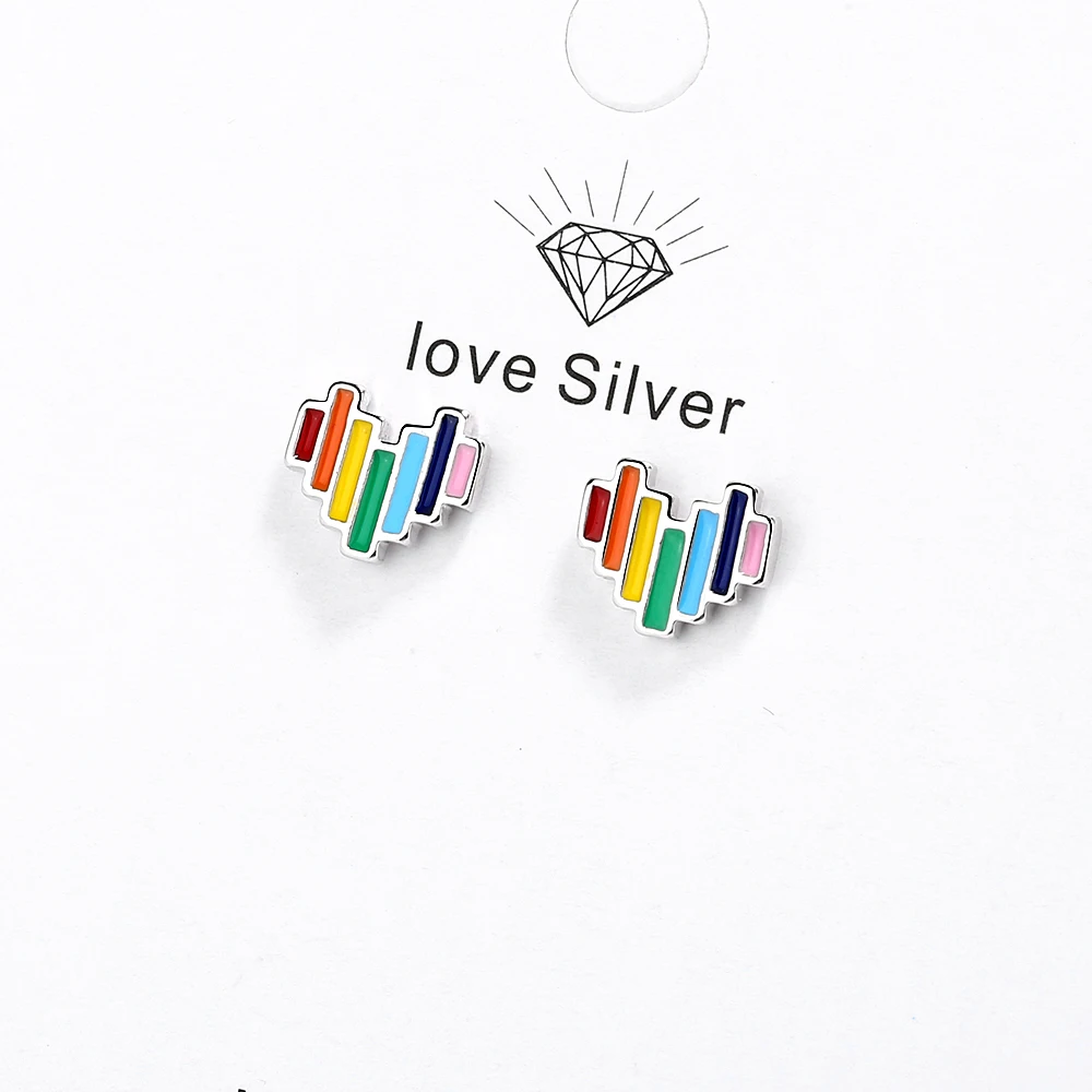 Pendientes de tuerca de Plata de Ley 925 para Corazón Arco Iris, joyería para Chica adolescente, amiga, Chico, regalos, S-E957