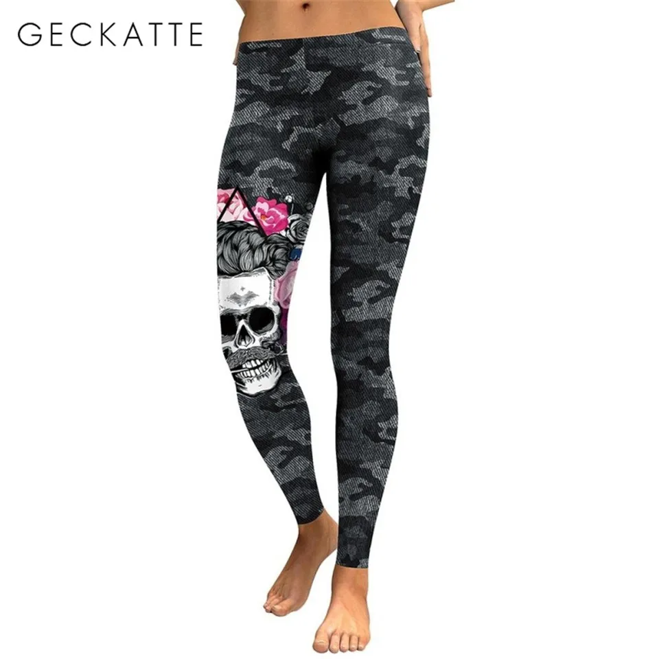 

GECKATTE Gothic Skull Head Printed Camouflage Leggings Women Plus Size Legging Workout Leggins Elastic Pants Activewear Legins
