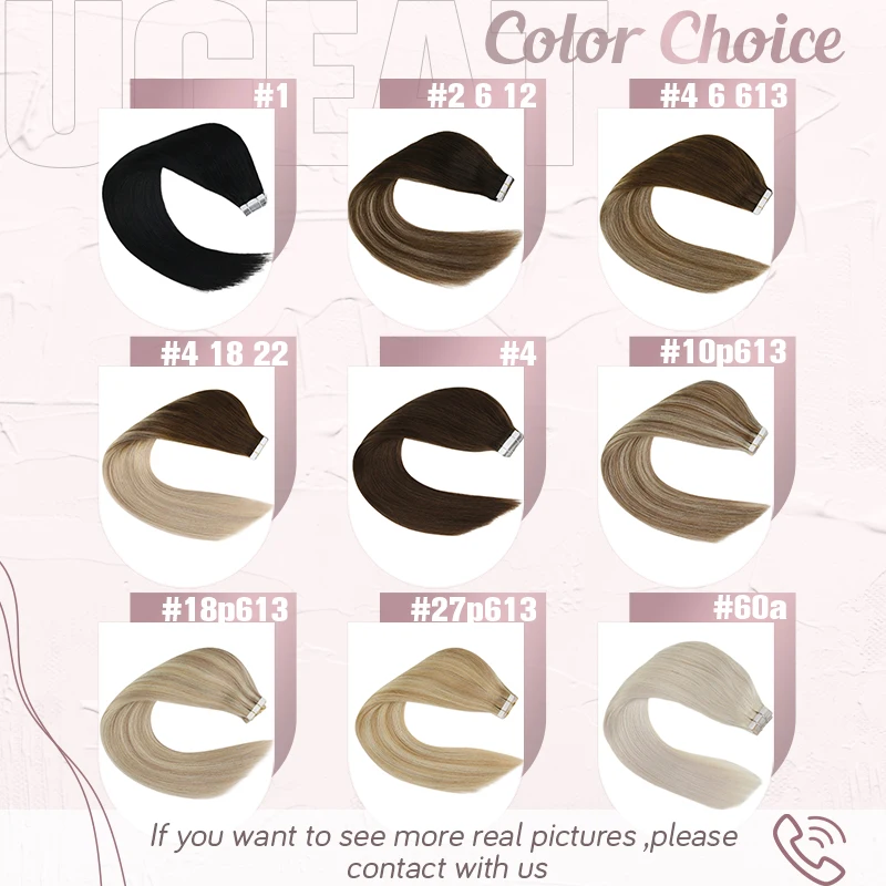 Ugeat Tape In Human Hair Extensions Blonde Silky Straight Remy Hair Double Weft Adhesive Extensions For Women For Braids