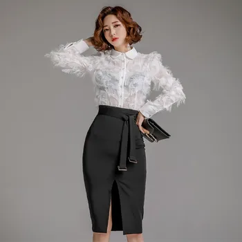 

2020 Summer 2 piece Suits Sexy Lace double-breasted Shirt Top + white split Bodycon pencil Skirt Work Wear set