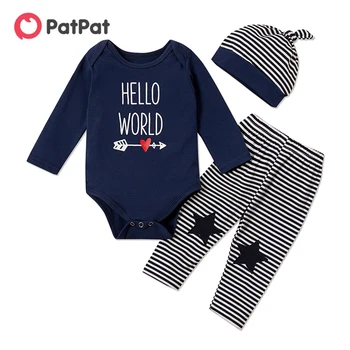 

PatPat 2020 New Spring and Autumn 3-piece Baby HELLO WORLD Print Bodysuit and Striped Pants with Hat Set for Baby Boy Clothes