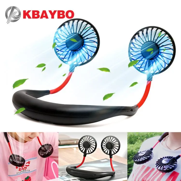 

Mini Hand Free small fan battery mini portable fan with colorful lights two fans Hanging around the neck for sport