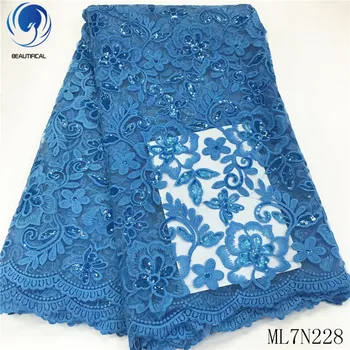 

Beautifical nigerian lace fabrics High quality embroidery tulle lace fabric for dress african lace sequins fabric 5yards ML7N228