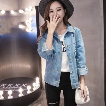 

2019 Spring Women Big Size Denim Jacket Pockets Summer Basic Button Pocket Coat Blue Wash Plus Size Full Sleeve Jeans Jacket