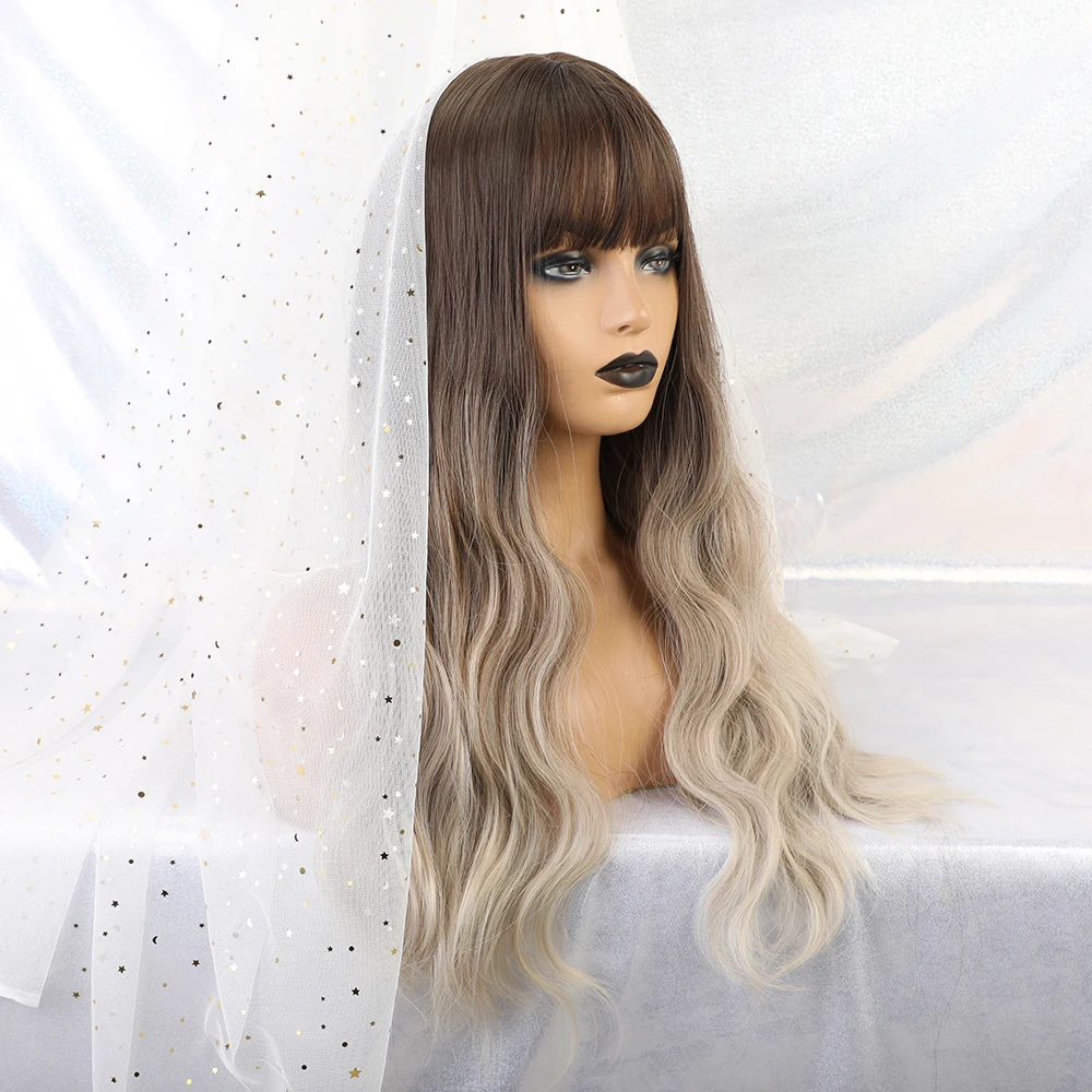 Online Pelucas de pelo Natural de cuerpo largo sintético de LANA pequeña con flequillo para mujeres negras Ombre pelucas onduladas rubias marrones afro americanas