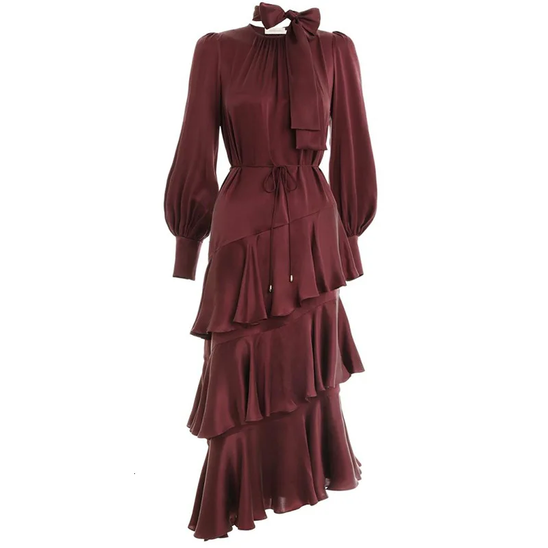 SeeBeautiful Новая мода осень зима сшитое многослойное платье с оборками и круглым вырезом с длинным рукавом-фонариком свободное женское платье Q467 - Цвет: wine red