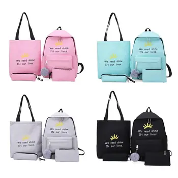 

4pcs Cute Lightweight Canvas Backpack Casual School Purse Daypack Bookbag Daypack Set for Teenagers Girls Student