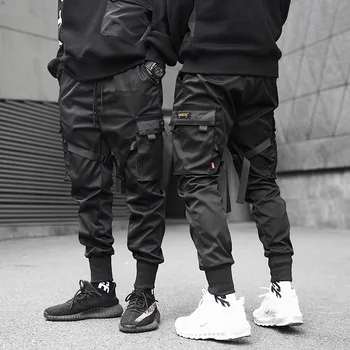 

2020 Hip Hop Boy Multi-pocket Elastic Waist Design Harem Pants Men Streetwear Punk Casual Trousers Jogger Male Dancing black Pan
