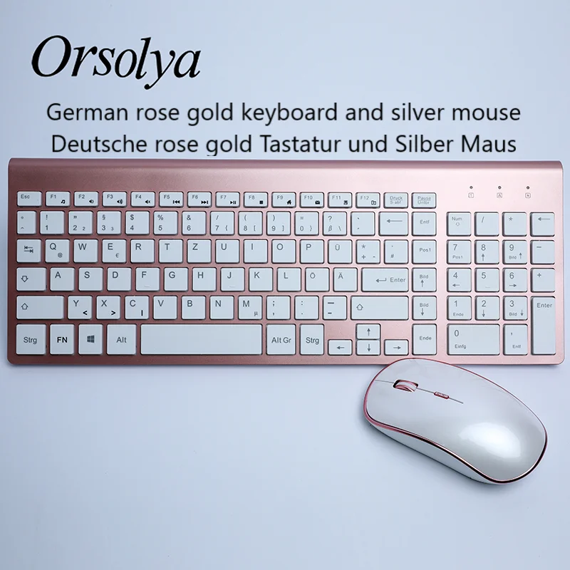 2,4G Беспроводная клавиатура и мышь Combo Orsolya Whisper-тихий, английский/Немецкий DE/Итальянский IT макет клавиатуры, розовое золото+ серебро - Color: KB-Rose Gold German